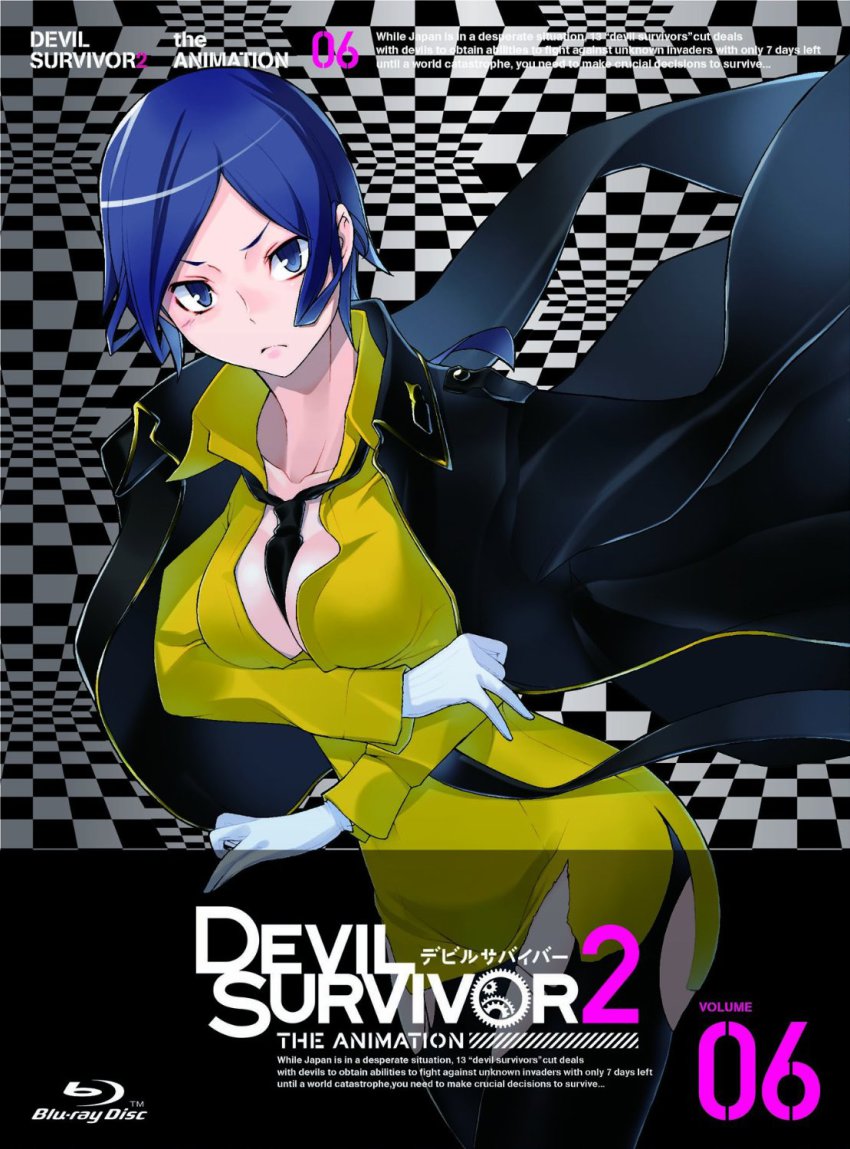 10s 1girl arm_under_breasts between_breasts black_necktie blue_eyes blue_hair breasts cleavage devil_survivor_(series) devil_survivor_2 female_focus geometric_pattern gloves highres looking_at_viewer matching_hair/eyes necktie necktie_between_breasts official_art open_clothes open_shirt sako_makoto shirt solo thighhighs thighs torn_clothes white_gloves yasuda_suzuhito yellow_shirt