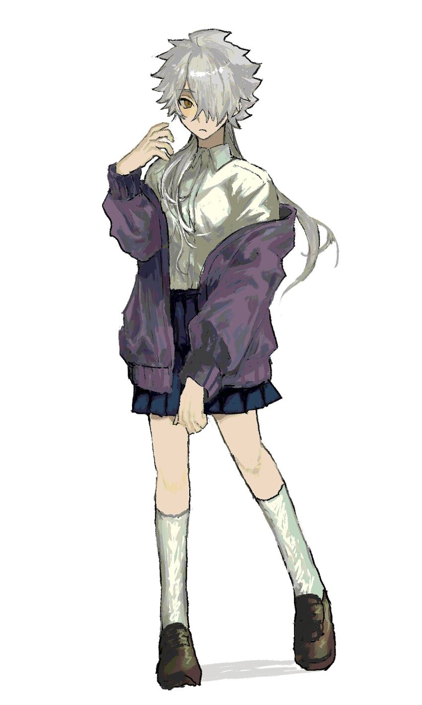 1girl brown_eyes chin_boooooooo collared_shirt fate/grand_order fate_(series) full_body galahad_(fate) genderswap genderswap_(mtf) grey_hair hair_over_one_eye highres jacket long_hair looking_at_viewer shirt shoes simple_background skirt socks solo standing white_background white_shirt