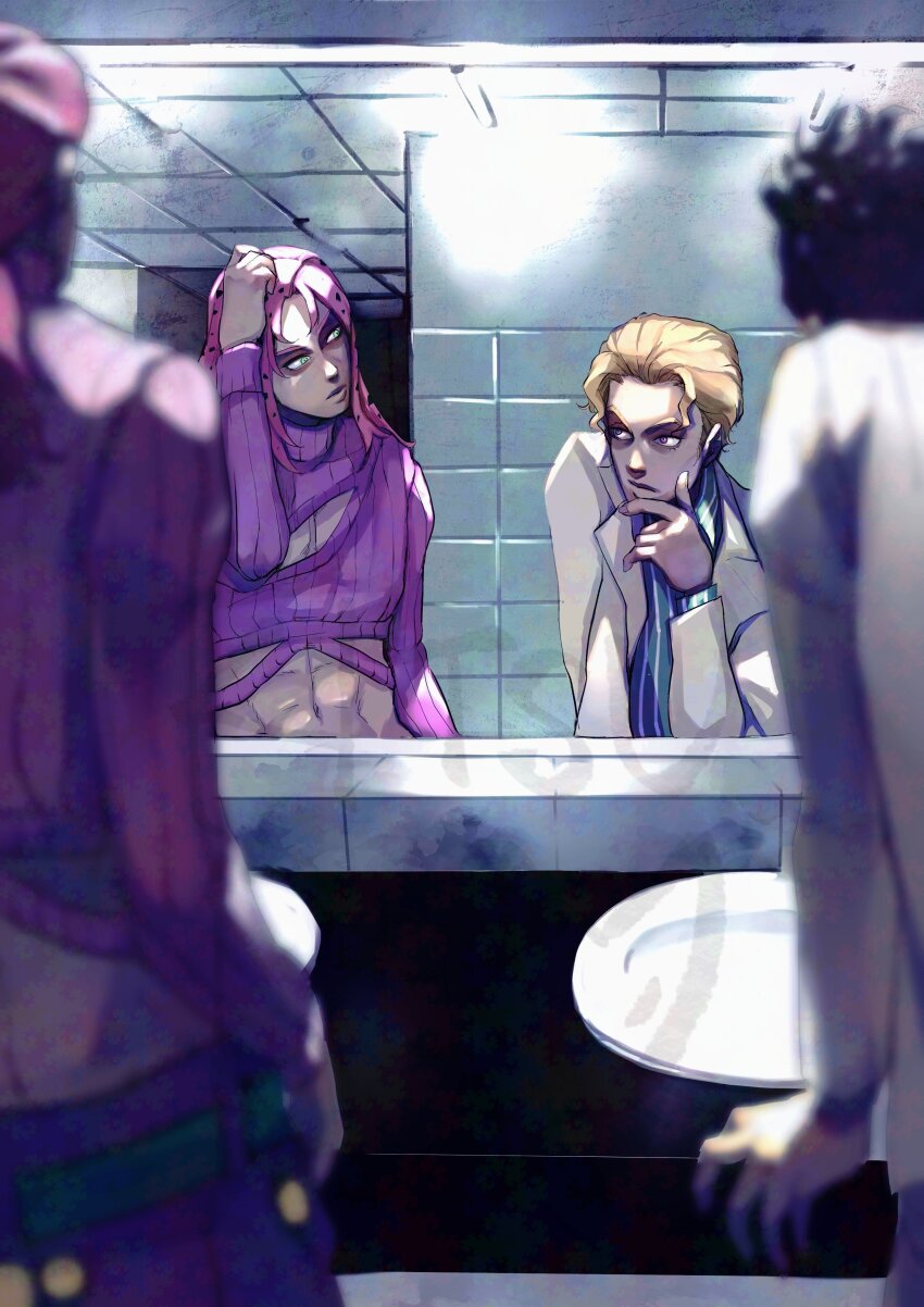 2boys absurdres bathroom black_hair blonde_hair cropped_sweater diamond_wa_kudakenai diavolo dual_persona green_eyes hand_in_own_hair hand_on_own_chin highres jacket jojo_no_kimyou_na_bouken kawajiri_kosaku kira_yoshikage kitsunewara long_hair long_sleeves looking_at_another male_focus midriff multiple_boys pink_hair ponytail purple_eyes purple_sweater shirt short_hair sink striped_clothes striped_shirt sweater tile_wall tiles vento_aureo vertical-striped_clothes vertical-striped_shirt vinegar_doppio white_jacket