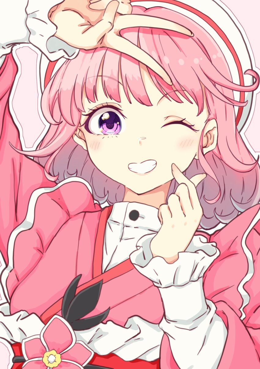 ;) akagi_yuina beret flower frilled_sleeves frills hat highres japanese_clothes kimono light_blush long_sleeves looking_at_viewer maebashi_witches mono9ron obi one_eye_closed pink_background pink_hair pink_kimono sash shirt simple_background smile solo v v_over_head white_hair white_shirt