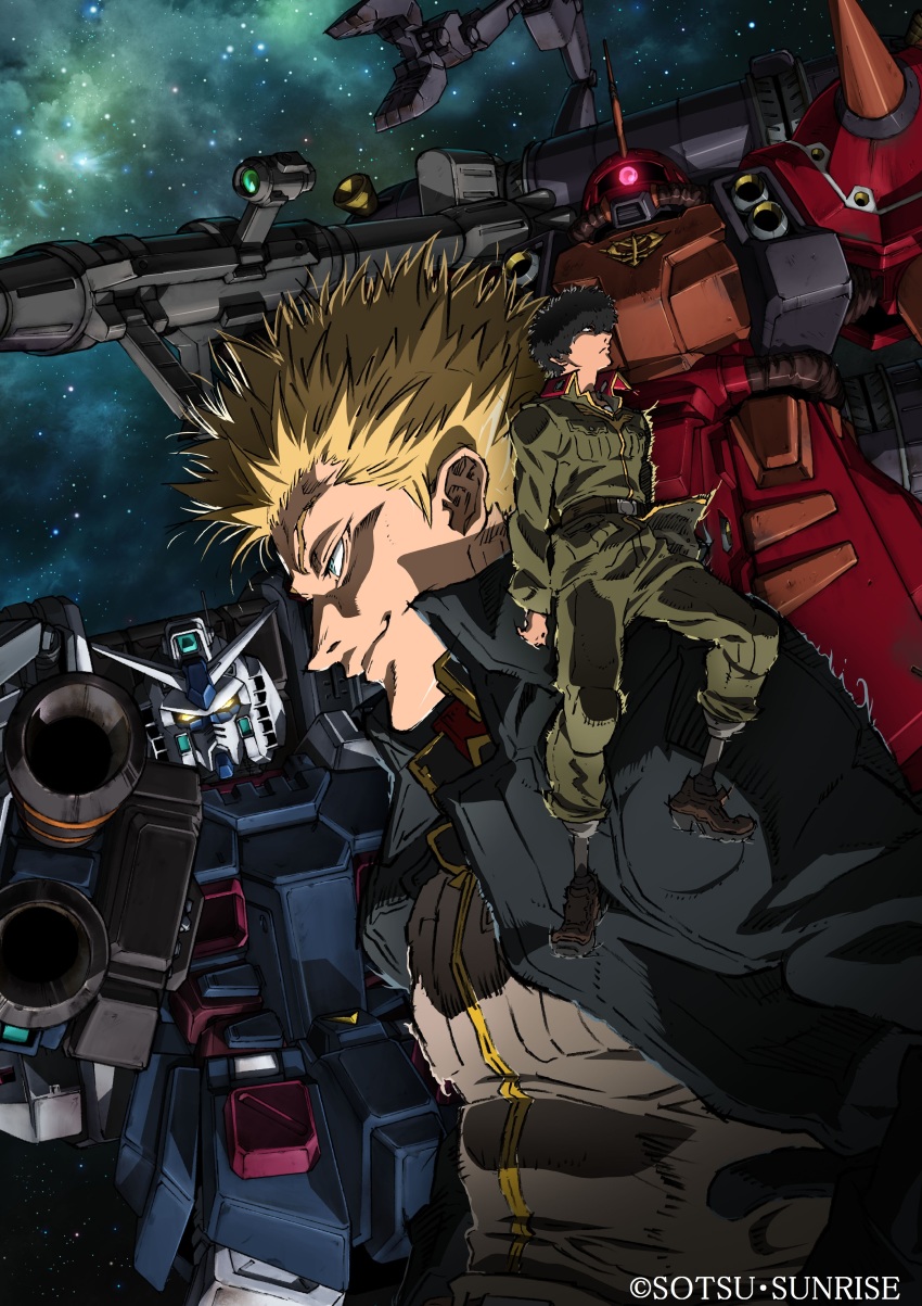 10s 2boys absurdres black_hair blonde_hair blue_eyes brown_eyes daryl_lorenz full_armor_gundam glowing glowing_eyes gundam gundam_thunderbolt highres io_fleming looking_down looking_up male_focus mecha military military_uniform multiple_boys official_art prosthesis prosthetic_leg robot sky space spiked_hair star_(sky) starry_sky zaku_ii_(reuse_p_device)