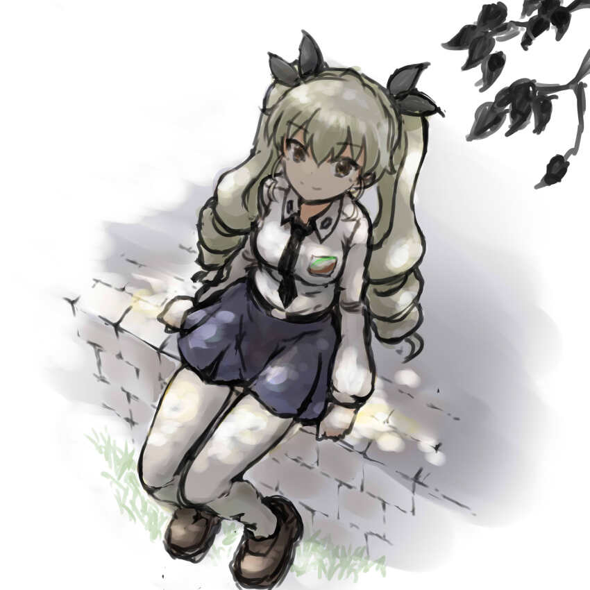 1girl anchovy_(girls_und_panzer) anzio_school_uniform belt black_necktie black_ribbon blush breasts drill_hair full_body girls_und_panzer grass green_hair hair_ribbon highres italian_flag long_hair long_sleeves looking_at_viewer medium_breasts necktie red_eyes ribbon sam_browne_belt school_uniform shirt simple_background sitting sitting_on_wall skirt smile solo twin_drills twintails wabiushi white_shirt