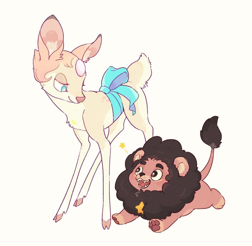 animal animal_focus animalization blue_eyes blue_ribbon brown_eyes deer full_body highres hua_hua_de_meme lion looking_at_another pearl_(steven_universe) red_fur ribbon star_(symbol) steven_quartz_universe steven_universe yellow_background yellow_fur