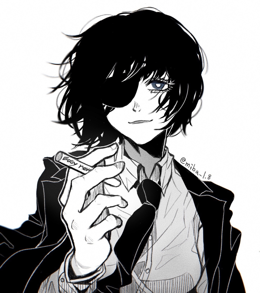 1girl blue_eyes bright_pupils chainsaw_man cigarette closed_mouth eyelashes eyepatch formal_clothes greyscale hatching_(texture) highres himeno_(chainsaw_man) holding holding_cigarette long_eyelashes miba monochrome necktie short_hair simple_background smile solo spot_color suit twitter_username upper_body white_background white_pupils