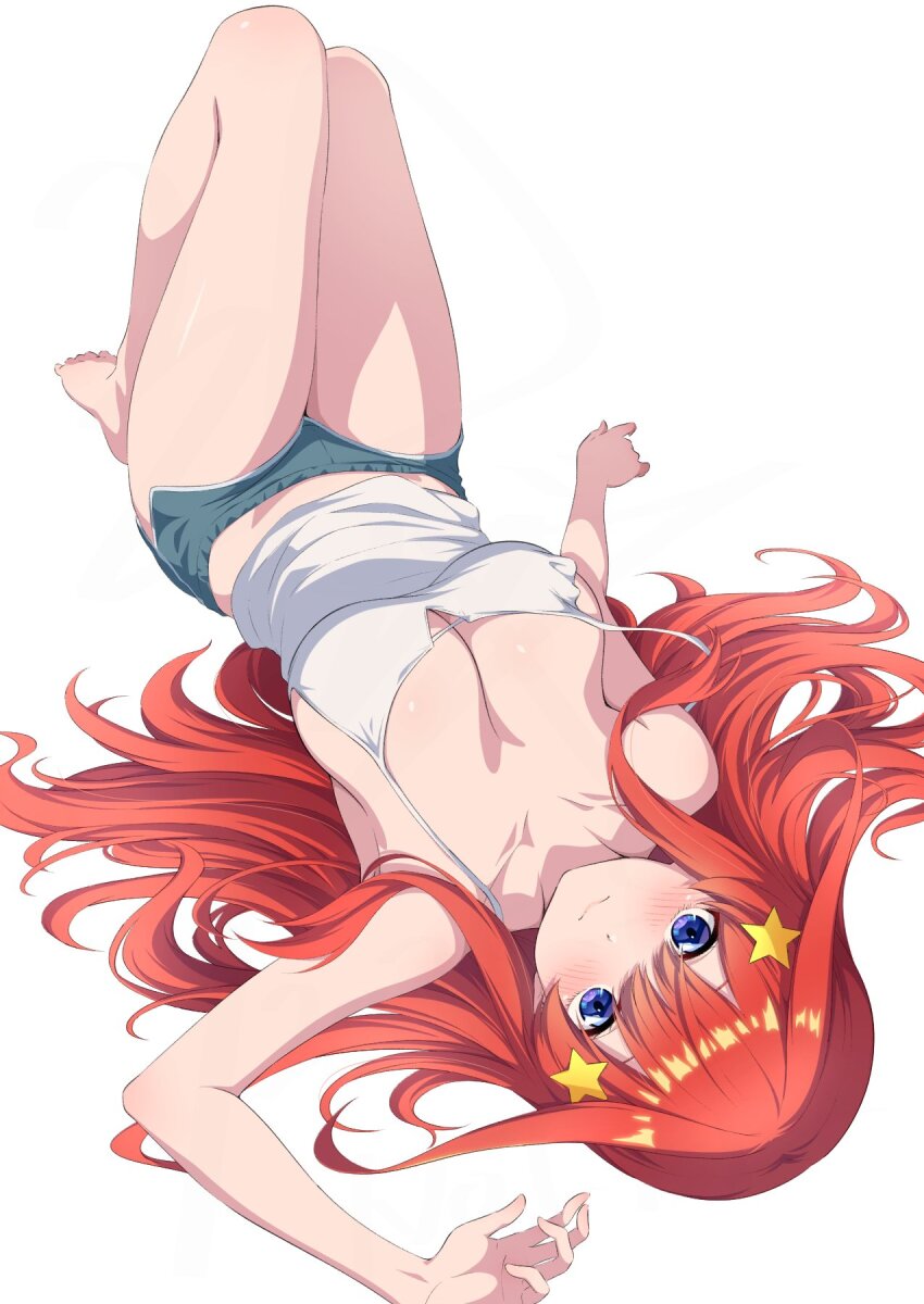 1girl barefoot blue_eyes blush breasts camisole cleavage commentary dolphin_shorts feet go-toubun_no_hanayome hair_ornament highres knees_up large_breasts long_hair nakano_itsuki nishizuki_shino no_bra red_hair shorts simple_background solo star_(symbol) star_hair_ornament toes white_background white_camisole