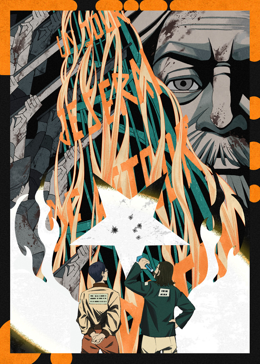 3boys 8er8er1s absurdres arms_behind_back black_hair brown_pants disco_elysium facial_hair flashlight glasses green_jacket hand_on_own_hip harry_du_bois highres holding holding_flashlight jacket kim_kitsuragi male_focus medium_hair multiple_boys mustache own_hands_clasped own_hands_together pants short_hair sideburns upper_body yellow_jacket