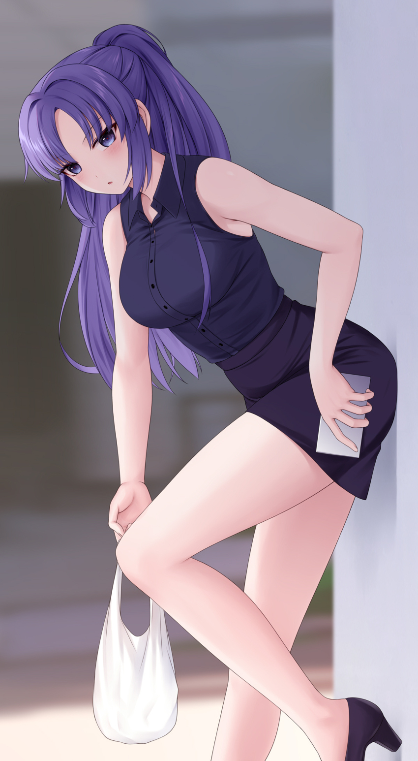 1girl alternate_costume bag black_footwear black_shirt black_skirt blue_archive blush breasts buttons cellphone chien_zero collared_shirt high_heels highres holding holding_phone long_hair looking_at_viewer medium_breasts parted_lips phone plastic_bag ponytail purple_eyes purple_hair shirt skirt sleeveless sleeveless_shirt smartphone solo yuuka_(blue_archive)