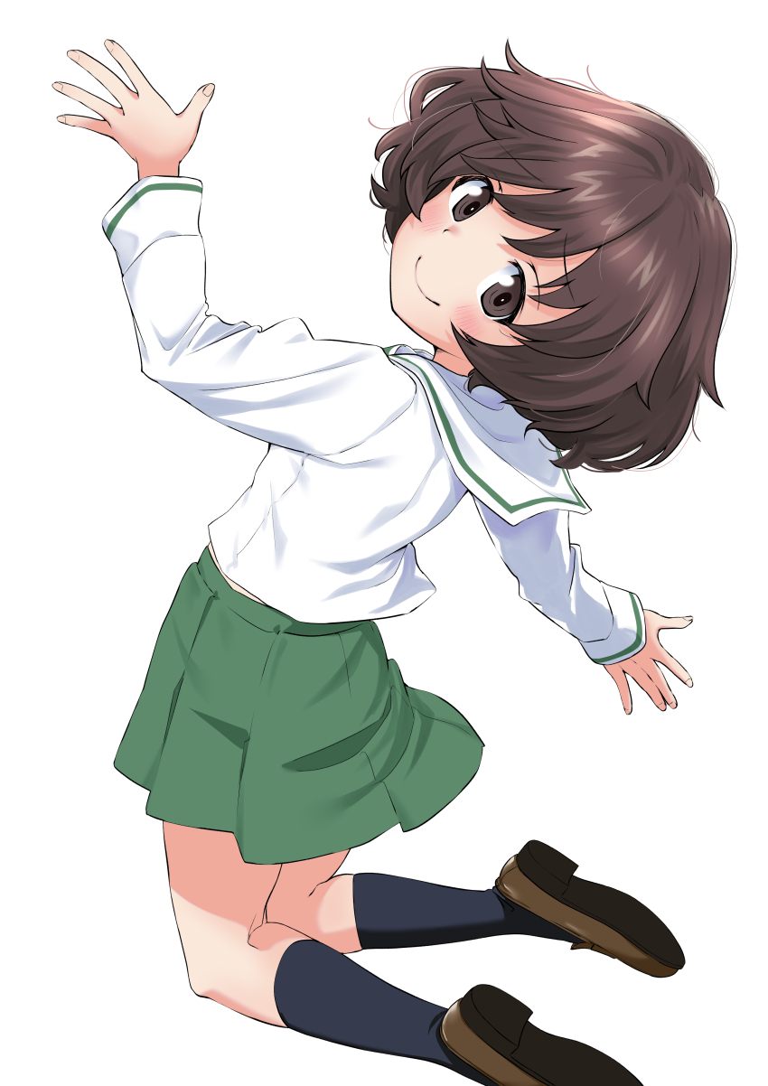 1girl absurdres akiyama_yukari black_socks blush brown_eyes brown_hair brown_shoes closed_mouth commentary_request girls_und_panzer green_skirt highres kneeling loafers long_sleeves looking_at_viewer looking_back miniskirt ooarai_school_uniform pleated_skirt sailor_collar sailor_shirt school_uniform shiina_excel shirt shoes simple_background skirt smile socks solo white_background white_sailor_collar white_shirt