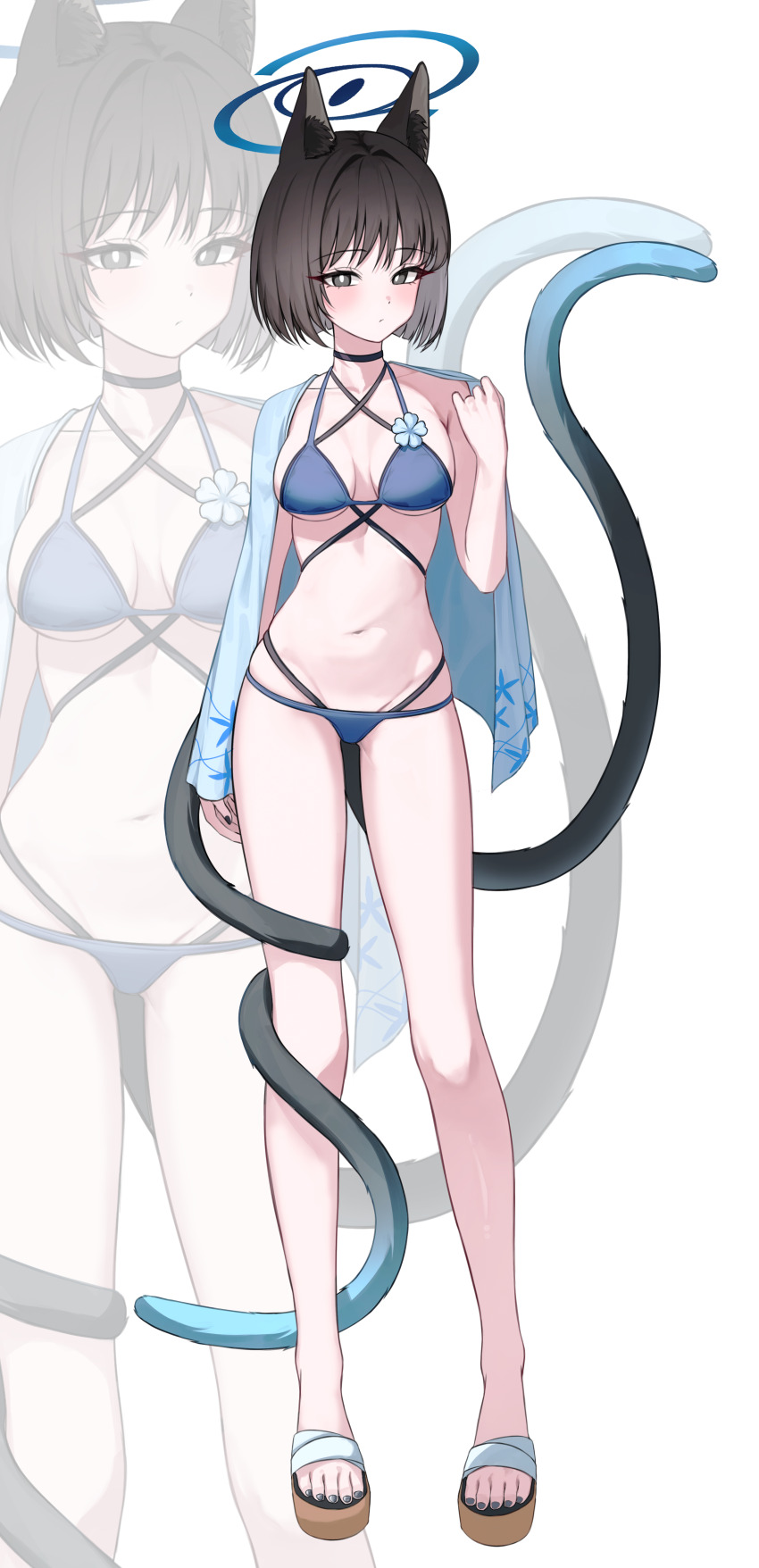 1girl absurdres animal_ears bikini black_choker black_eyes black_hair blue_archive blue_bikini breasts breasts_apart bright_pupils cat_ears cat_girl cat_tail choker closed_mouth criss-cross_halter full_body halo halterneck highres kikyou_(blue_archive) kikyou_(swimsuit)_(blue_archive) long_legs looking_at_viewer medium_breasts multi-strapped_bikini_bottom multi-strapped_bikini_top multiple_tails navel official_alternate_costume sandals seungju short_hair solo stomach string_bikini swimsuit tail tail_around_own_leg thighs two_tails zoom_layer