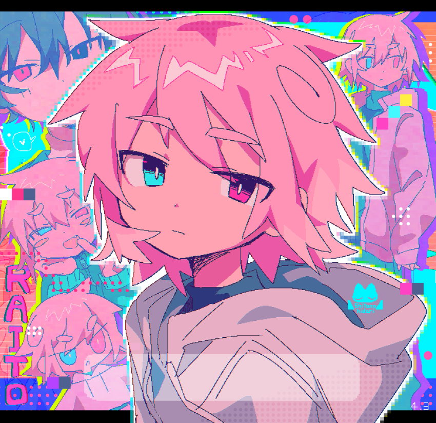 2boys absurdres artist_logo black_eyes black_hair blue_eyes bright_pupils character_name closed_mouth commentary_request expressionless fang hair_between_eyes heterochromia highres hood hood_down hoodie jaggy_lines logo male_focus multiple_boys multiple_views open_mouth original pink_eyes pink_hair raito-kun_(uenomigi) short_hair shou_(uenomigi) smile uenomigi v-shaped_eyebrows white_hoodie white_pupils