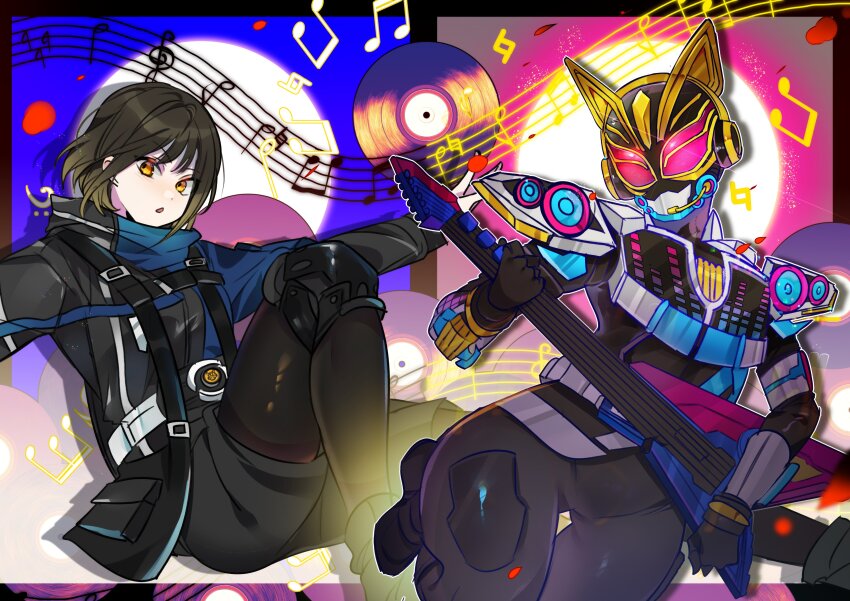 1girl absurdres animal_ears arm_armor armor belt black_armor black_bodysuit black_footwear black_gloves black_hair black_helmet black_jacket black_pantyhose black_shorts blonde_hair blue_armor bodysuit boots breastplate buttons cat_mask desire_driver desire_grand_prix_uniform disc_(object) electric_guitar fake_animal_ears falling_petals formal_clothes full_moon gloves gradient_hair grey_armor guitar hair_between_eyes headphones helmet highres holding holding_guitar holding_instrument holding_weapon horn_(instrument) id_core instrument jacket kamen_rider kamen_rider_geats_(series) kamen_rider_na-go knee_pads kurama_neon long_sleeves looking_at_viewer mask mechanical_ears medium_hair microphone moon multicolored_armor multicolored_hair musical_note open_clothes open_jacket open_mouth orange_eyes outstretched_arms pantyhose petals pocket red_eyes red_petals rider_belt sheet_music shorts shoulder_armor suit superhero_costume turtleneck visor_(armor) weapon weaponized_instrument zer_super