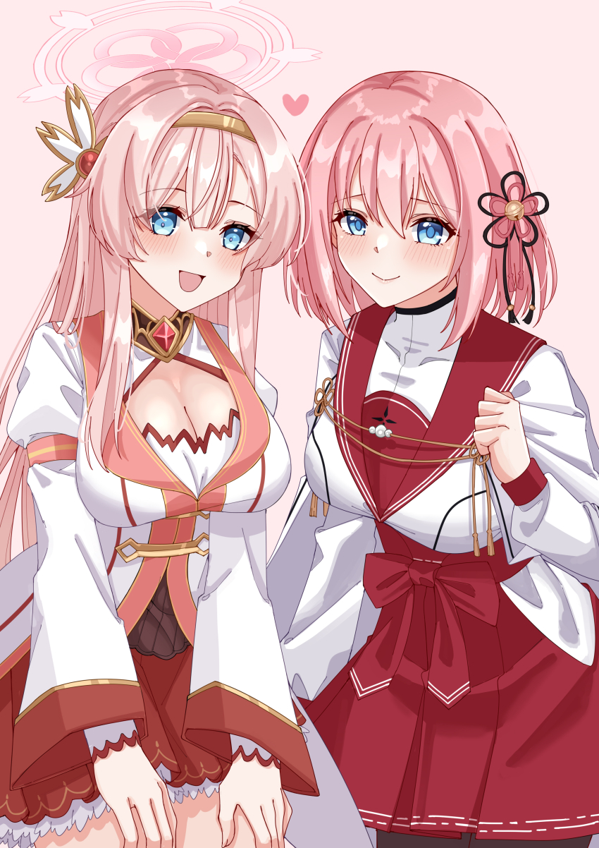 2girls absurdres blue_archive blue_eyes cleavage_cutout closed_mouth clothing_cutout color_connection commentary cosplay costume_switch crossover gold_hairband grey_background hair_between_eyes hair_color_connection hair_ornament hairband hakama halo highres japanese_clothes long_hair looking_at_viewer mimori_(blue_archive) multiple_girls open_mouth pink_hair pink_halo princess_connect! red_hakama red_sailor_collar red_skirt rynn_(darknescorez) sailor_collar shirt short_hair simple_background skirt smile white_shirt yui_(princess_connect!)