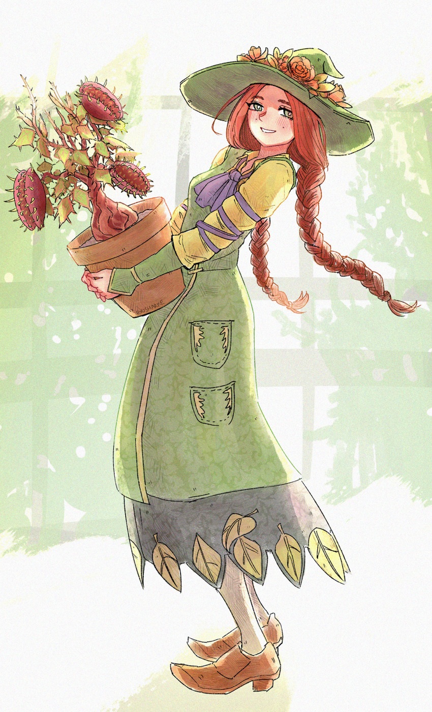 1girl absurdres animification braid carnivorous_plant dress flower flower_pot full_body green_dress green_eyes green_hat harry_potter_(series) hat hat_flower highres hogwarts_legacy holding holding_flower_pot long_hair long_sleeves low_twin_braids mirabel_garlick plant potted_plant ryosharke smile solo standing twin_braids witch_hat wizarding_world