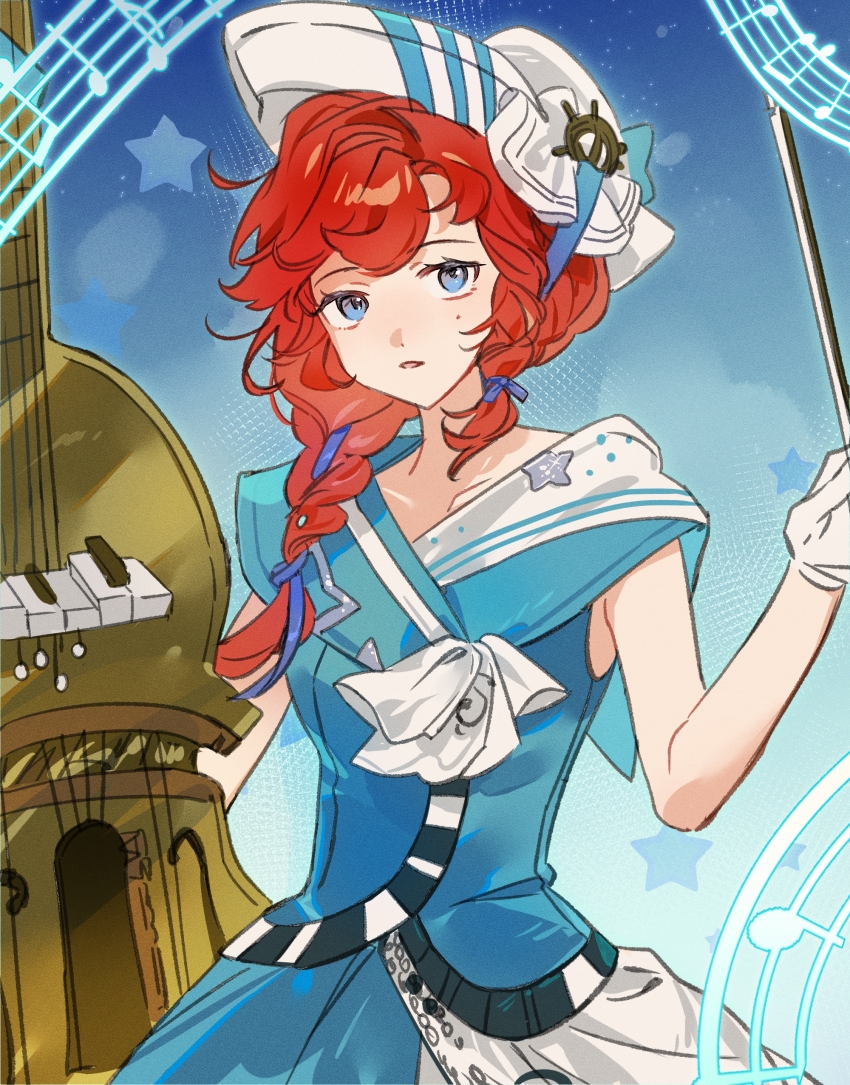 1girl absurdres barcarola_(reverse:1999) beamed_eighth_notes blue_background blue_eyes blue_shirt blue_skirt bow_(music) crackling_box_(reverse:1999) eighth_note gloves hand_up hat highres holding holding_bow_(music) instrument long_braid looking_at_viewer mole mole_under_eye musical_note musical_staff parted_lips quarter_note red_hair reverse:1999 sailor_collar salmonknko shirt skirt sleeveless sleeveless_shirt solo star_(symbol) star_symbol_background upper_body white_gloves white_hat