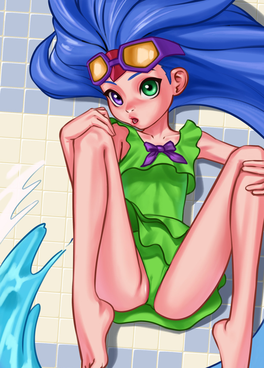 1girl :o absurdres bare_shoulders barefoot blue_hair bow breasts collarbone flower goggles goggles_on_head green_eyes highres league_of_legends long_hair looking_at_viewer one-piece_swimsuit open_mouth pool_party_zoe purple_bow purple_eyes pussy pussy_peek rusher08 shiny_skin small_breasts solo swimsuit tile_floor tiles water zoe_(league_of_legends)