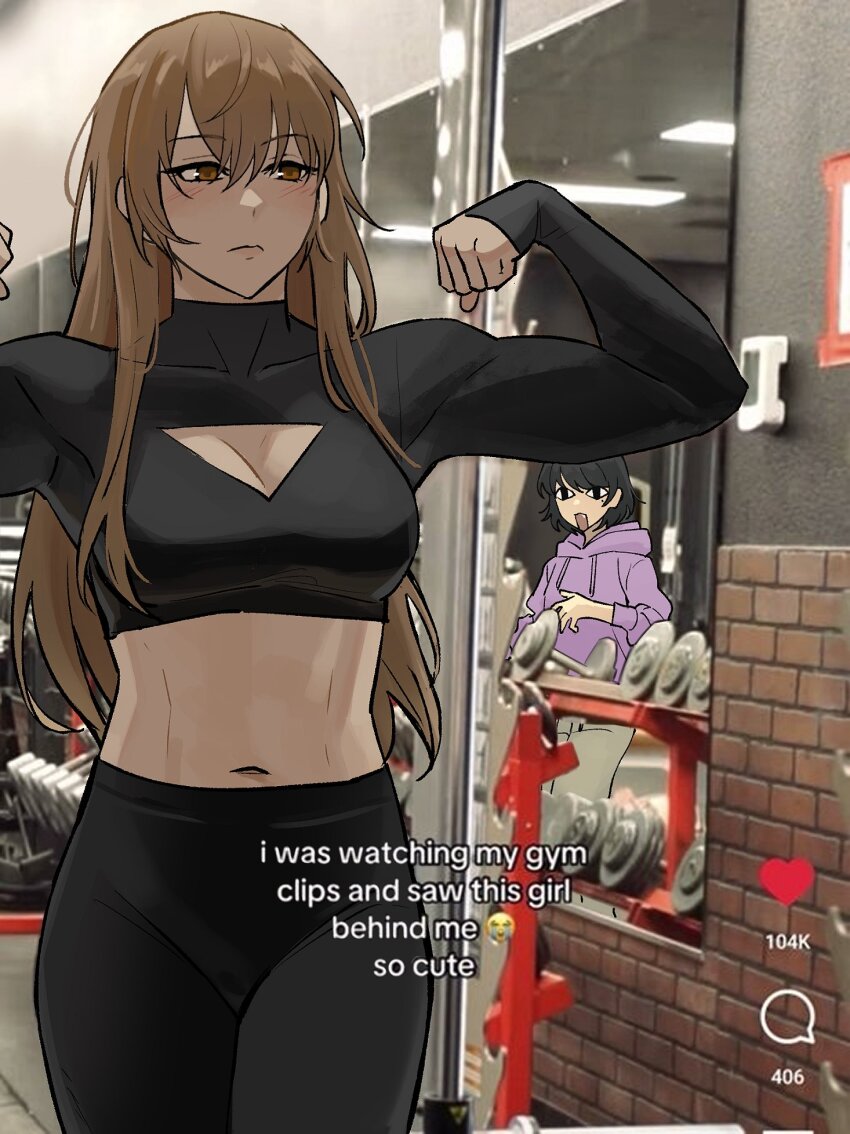 2girls black_leggings breasts brown_eyes brown_hair cleavage cleavage_cutout clothing_cutout commentary crop_top flexing gym han_sooyoung highres hood hoodie indoors jaw_drop keomikan leggings long_hair long_sleeves meme midriff mirror multiple_girls navel omniscient_reader&#039;s_viewpoint photo_background purple_hoodie yoo_sangah