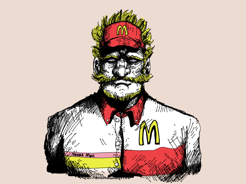 1boy beige_background black_eyes blonde_hair carter_mcdonald collared_shirt colored_sclera employee_uniform facial_hair fast_food_uniform getter_robo getter_robo_arc grey_sclera hat male_focus mcdonald&#039;s mustache name_connection parody portrait red_hat shirt solo toosk visor_cap