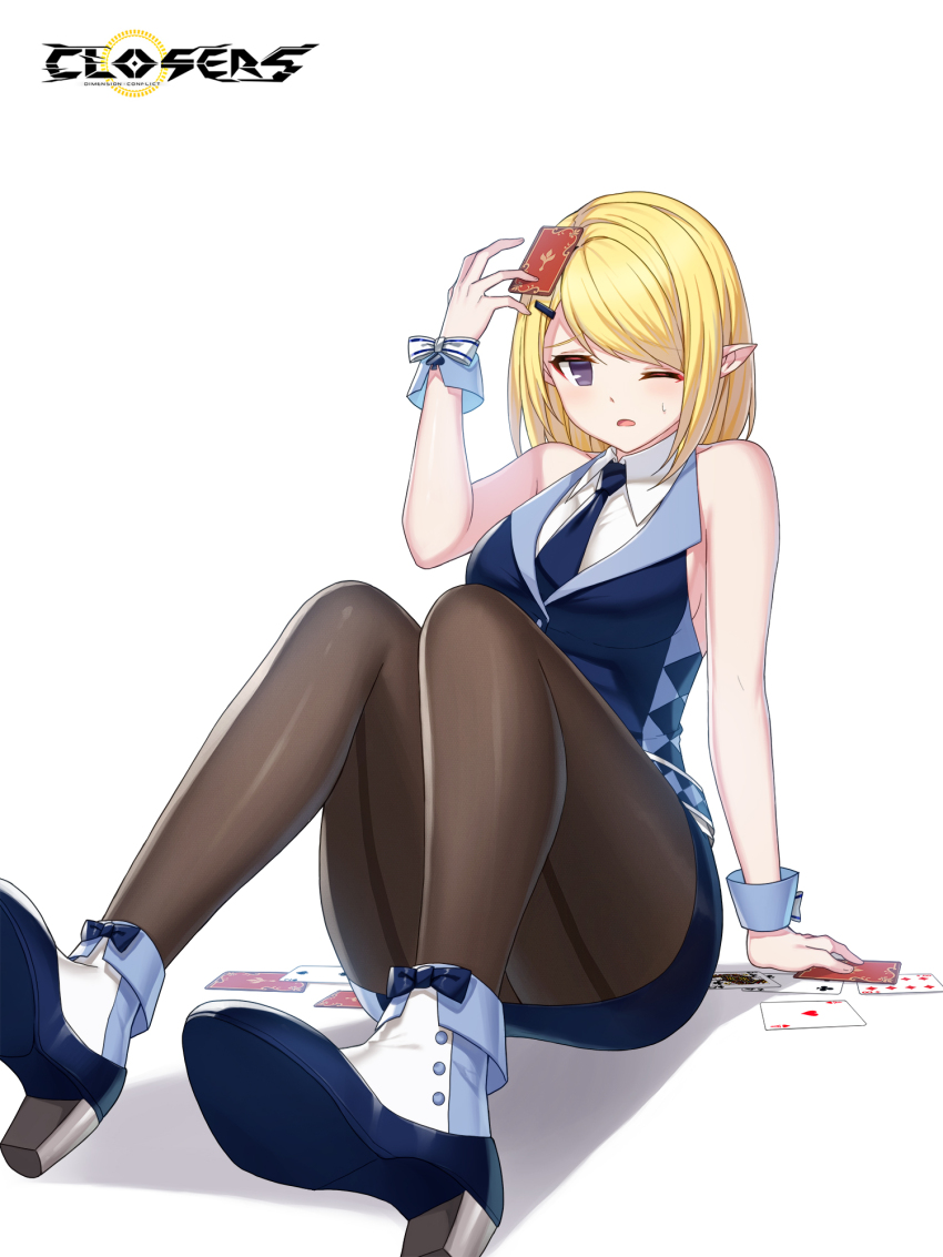 1girl ;o ace_(playing_card) ace_of_hearts alternate_hair_color ankle_boots arm_support back-seamed_legwear bare_arms bare_shoulders belt blonde_hair blue_belt blue_boots blue_bow blue_necktie blue_skirt blue_vest blue_wrist_cuffs bob_cut boots bow breasts brown_pantyhose card closers collared_shirt copyright_name croupier dress_shirt eight_of_diamonds_(playing_card) fallen_down fold-over_boots footwear_bow four_of_clubs full_body furrowed_brow hand_up heart high_heels highres knees_up levia_(closers) logo medium_breasts miniskirt multicolored_boots necktie no_pupils object_on_head official_art on_ground one_eye_closed pantyhose pencil_skirt playing_card pointy_ears purple_eyes queen_(playing_card) queen_of_clubs seamed_legwear shadow shirt short_hair sideboob sitting skirt sleeveless sleeveless_shirt solo sweat swept_bangs tachi-e two-tone_boots two_of_spades vest waistcoat white_background white_boots white_bow white_shirt wrist_bow wrist_cuffs