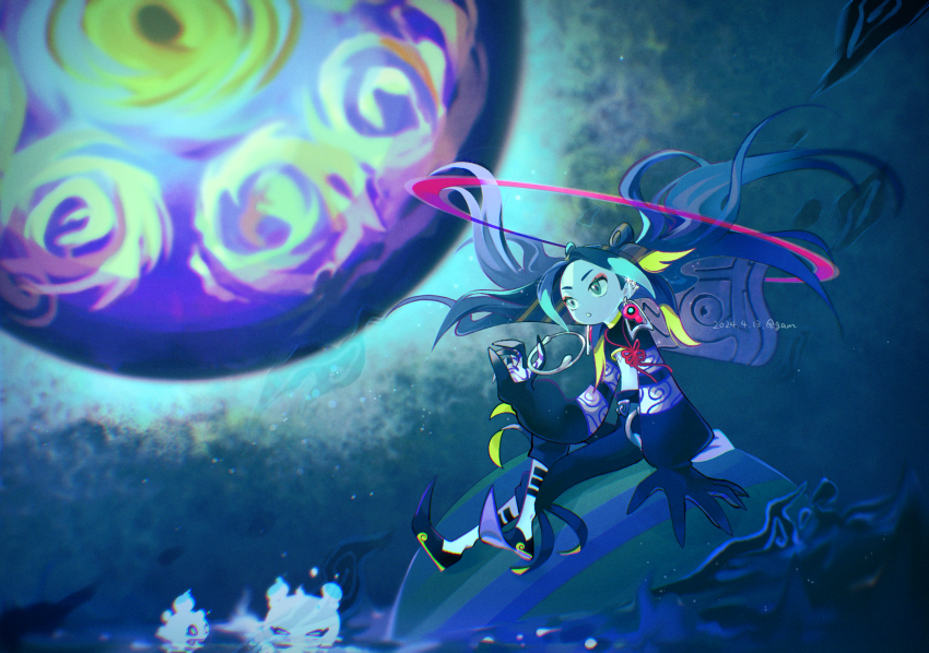 1boy black_hair black_pants blonde_hair blue_eyes blue_hair chinese_clothes earrings eyeshadow fate/grand_order fate_(series) gloves green_eyes hair_rings halo highres jewelry kousuke_(kari) long_hair long_sleeves makeup male_focus multicolored_eyes multicolored_hair open_mouth pale_skin pants pointy_footwear red_eyeshadow taisui_xingjun_(fate) tooth_earrings