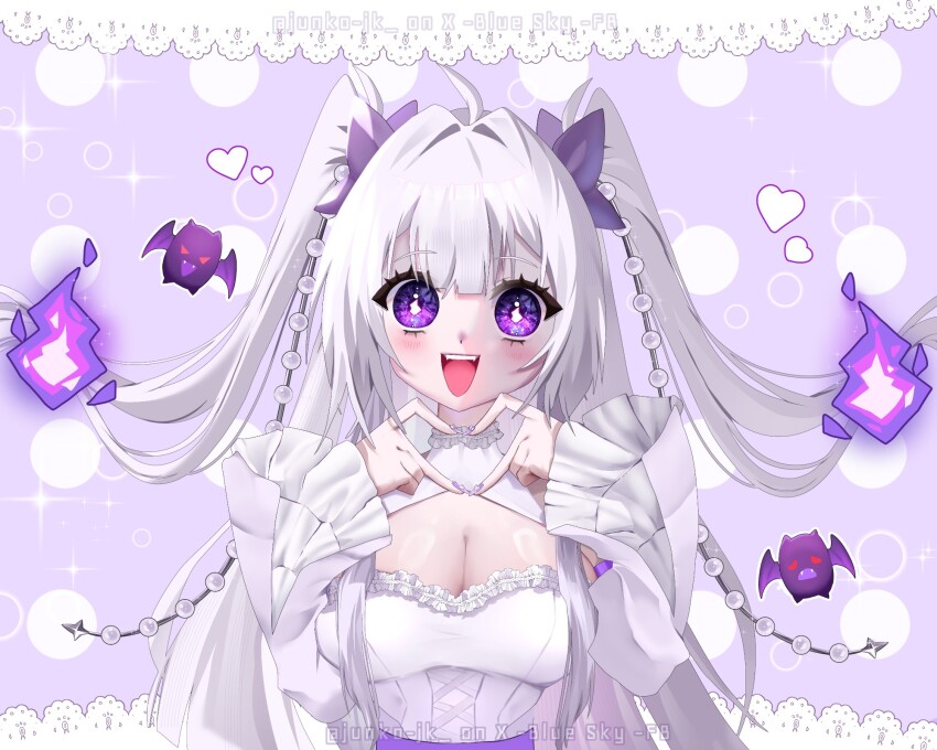 1girl four-finger_heart_hands :d ahoge beads bluesky_username blunt_bangs bow breasts cleavage commentary dotted_background english_commentary facebook_username fangs fire floating_hair hair_beads hair_bow hair_intakes hair_ornament heart heart_hands high_collar highres junko-jk lace_trim large_breasts light_blush long_hair long_sleeves looking_at_viewer making-of_available nail_art open_mouth original purple_background purple_bow purple_eyes purple_fire purple_nails sleeves_past_wrists smile solo straight-on symbol-shaped_pupils teeth twitter_username two_side_up upper_body upper_teeth_only white_hair yui_(junko-jk)