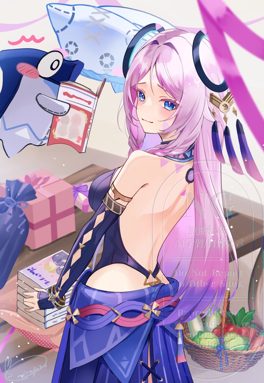1girl absurdres backless_leotard bare_back bare_shoulders basket black_gloves black_leotard blue_eyes blush book book_stack braid cabbage citlali_(genshin_impact) closed_mouth commentary_request fingerless_gloves genshin_impact gift gloves highres holding holding_book itzpapa_(genshin_impact) leotard long_hair looking_at_viewer looking_back marufus multicolored_hair pillow pink_hair pink_pupils potato purple_hair purple_skirt radish skirt solo tomato twin_braids very_long_hair wicker_basket
