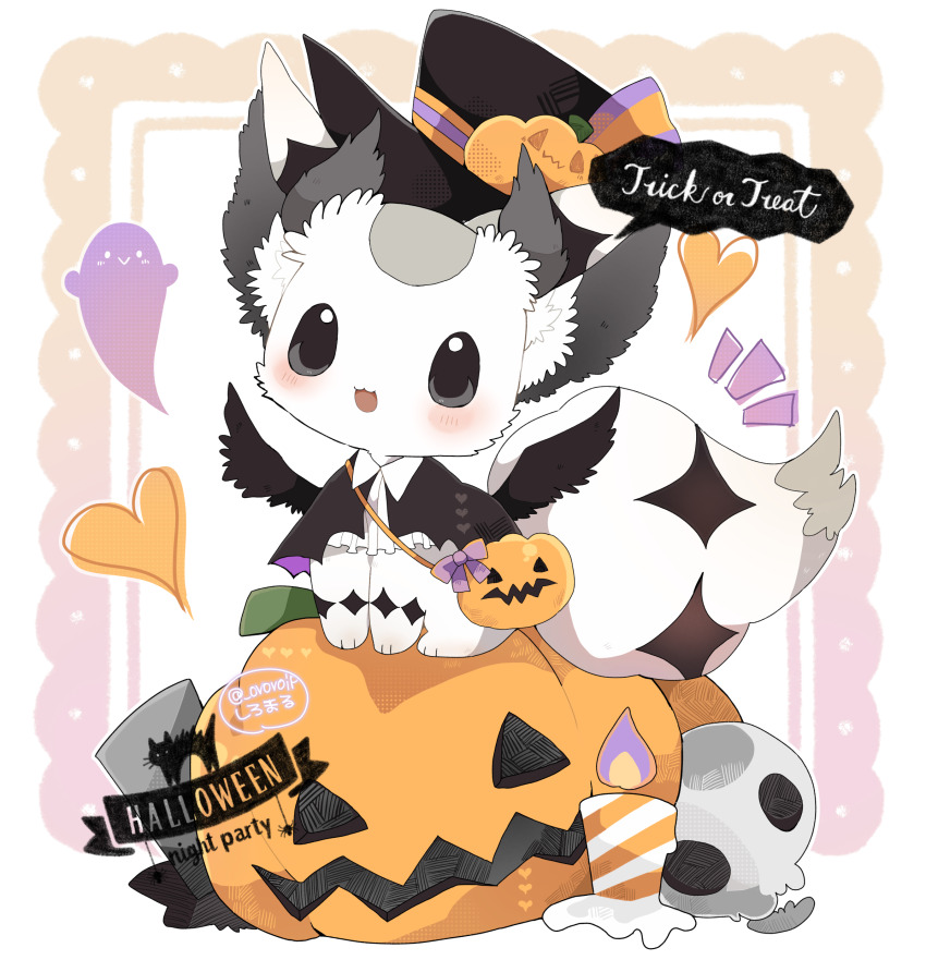 :3 absurdres artist_name bag black_capelet black_eyes black_hat black_wings blush border bow candle capelet colored_sclera commentary_request creature creature_focus english_text feathered_wings fire frills full_body ghost gradient_border grey_sclera halloween hat hat_bow heart highres jack-o&#039;-lantern jack-o&#039;-lantern_hat_ornament multicolored_border multicolored_bow no_humans notice_lines open_mouth original outside_border ovoip pink_border pumpkin purple_bow shoulder_bag sitting skull speech_bubble striped_bow trick_or_treat twitter_username two-sided_fabric white_background wing_collar wings yellow_border yellow_bow