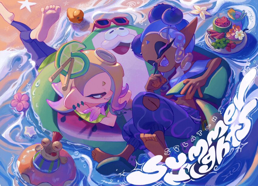 1boy 2girls barefoot big_man_(splatoon) big_man_(summer_nights)_(splatoon) blonde_hair blue_hair blue_pants blue_tongue blueberry cephalopod_eyes closed_eyes colored_extremities colored_eyelashes colored_tongue crop_top dark-skinned_female dark_skin fangs flower food food_on_head fruit frye_(splatoon) frye_(summer_nights)_(splatoon) gradient_hair grapes grin hair_ornament hair_over_one_eye hair_stick highres horizontal_pupils inkling innertube ka1_(k4k37) lime_(fruit) lime_slice long_eyelashes long_pointy_ears medium_hair midriff multicolored_hair multiple_girls nintendo object_on_head octoling official_alternate_color official_alternate_costume one_eye_covered open_mouth pants parted_lips pointy_ears purple_hair red_eyes rubber_duck shirt shiver_(splatoon) shiver_(summer_nights)_(splatoon) smallfry_(splatoon) smile splatoon_(series) splatoon_3 sunglasses_on_head swim_ring tentacle_hair torn_clothes torn_pants water watermark white_shirt