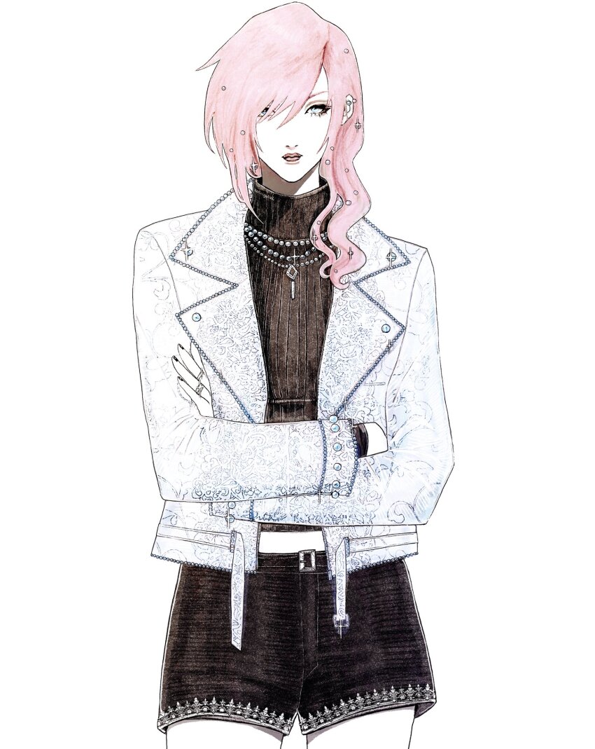 1girl black_shorts breasts closed_mouth cowboy_shot crossed_arms dissidia_duellum_final_fantasy dissidia_final_fantasy earrings final_fantasy final_fantasy_xiii hair_between_eyes hair_over_shoulder highres jacket jewelry lightning_farron long_hair medium_breasts midriff_peek multiple_necklaces multiple_rings official_alternate_costume pink_hair ring serinigalini shorts solo sparkle sweater turtleneck turtleneck_sweater wavy_hair white_background white_jacket