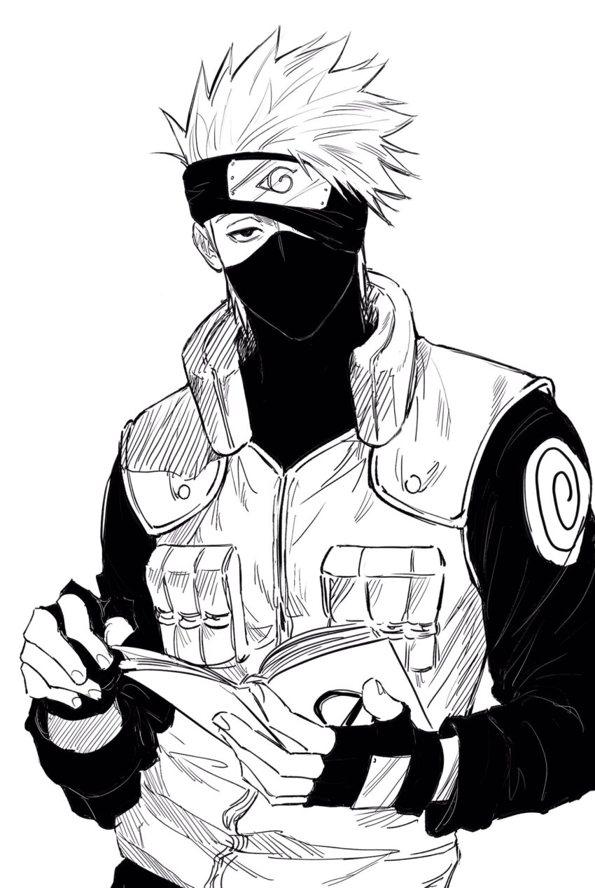 1boy book fingerless_gloves gloves greyscale hatake_kakashi headband highres konohagakure_shinobi_uniform konohagakure_symbol looking_at_viewer male_focus mask monochrome mouth_mask naruto_(series) ninja ninja_mask simple_background solo sso_s upper_body vest white_background