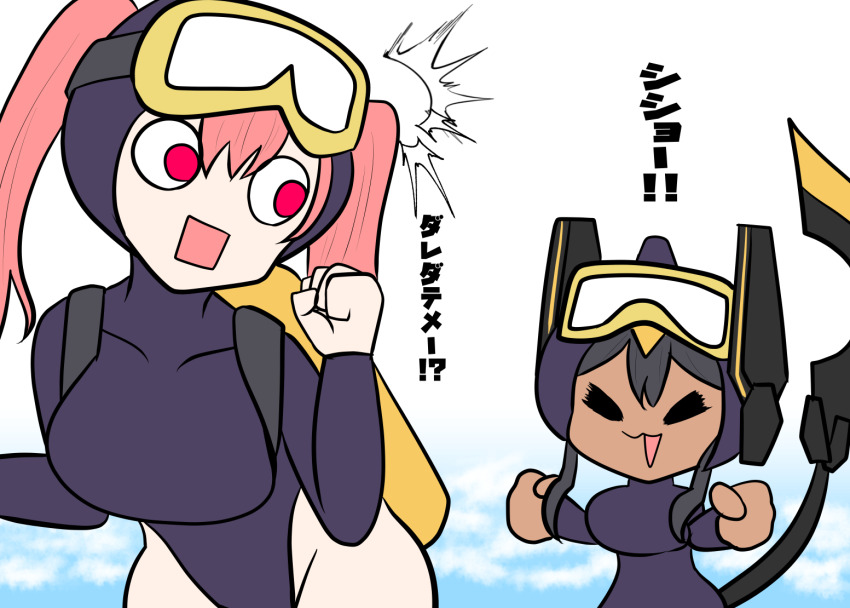 2girls :o artist_request belt black_thighhighs black_wetsuit bodysuit breasts brown_eyes crotch curvy diving_mask diving_mask_on_head diving_regulator diving_suit fang goddess_of_victory:_nikke goggles goggles_on_head happy highleg highleg_one-piece_swimsuit indivilia_(nikke) large_breasts looking_at_another looking_back mast_(mast_the_diver)_(nikke) mast_(nikke) multiple_girls one-piece_swimsuit open_mouth oxygen_tank red_hair skin_fang skin_tight skindentation solo swimsuit thick_thighs thighhighs thighs tight_clothes translation_request wetsuit wide_hips