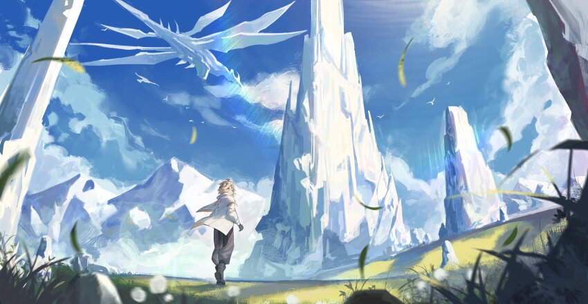 1boy absurdres alchemy_stars black_boots black_gloves black_pants blurry blurry_foreground boots brown_hair cloud dandelion day flower gloves grass headband highres jacket lens_flare long_sleeves looking_at_viewer looking_back mo_ying_yu mountain navigator_(alchemy_stars) outdoors pants rock short_hair simple_bird soroz_(alchemy_stars) tower walking white_jacket