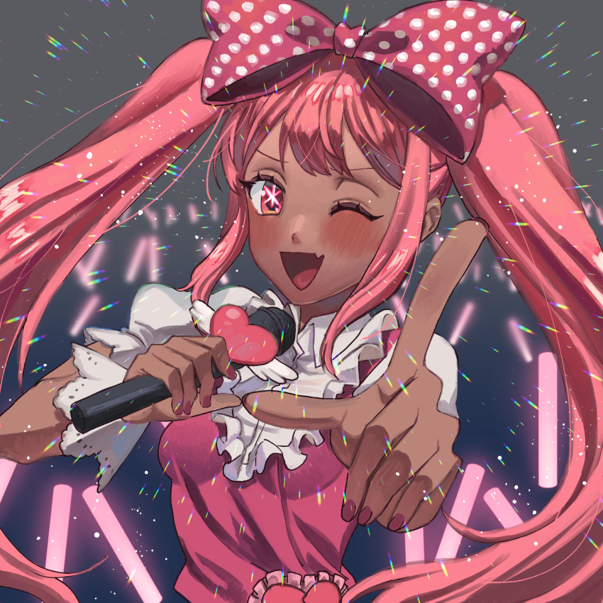 1girl ;d blue_background blush bow breasts bright_pupils collared_shirt commentary_request dark-skinned_female dark_skin double-parted_bangs dress fang foreshortening frilled_sleeves frills gradient_background green_hair hair_between_eyes hair_bow hands_up heart highres holding holding_microphone idol idol_clothes light_particles long_hair looking_at_viewer microphone nail_polish omori one_eye_closed open_mouth oshi_no_ko pink_bow pink_dress pink_eyes pink_hair pink_nails polka_dot polka_dot_bow puffy_short_sleeves puffy_sleeves reaching reaching_towards_viewer shirt short_sleeves shousan_(hno3syo) sidelocks simple_background skin_fang sleeveless sleeveless_dress small_breasts smile solo star-shaped_pupils star_(symbol) sweetheart_(omori) symbol-shaped_pupils tongue twintails two-tone_bow upper_body v-shaped_eyebrows white_bow white_pupils white_shirt white_wrist_cuffs wrist_cuffs