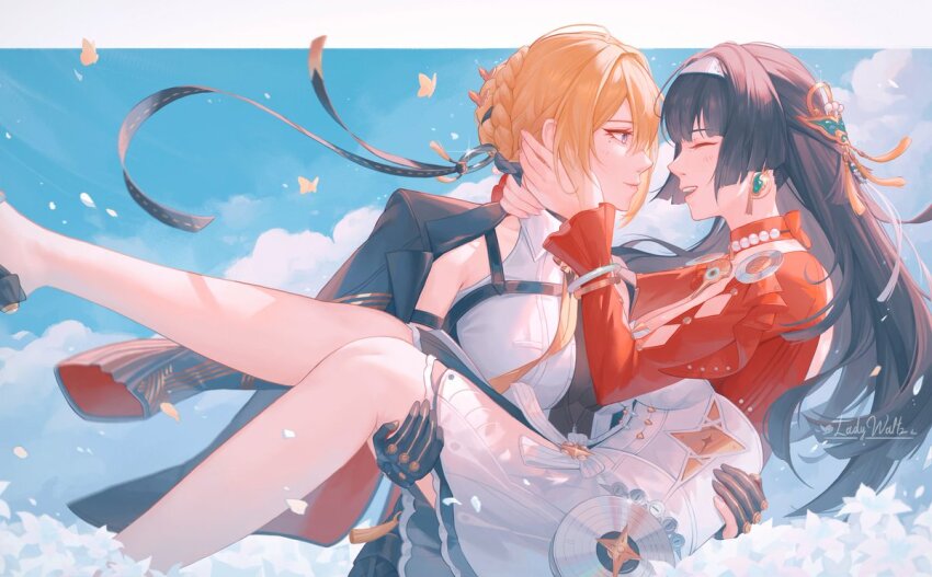 2girls astra_yao black_gloves black_hair black_jacket black_ribbon blonde_hair blue_eyes breasts carrying closed_eyes closed_mouth commentary couple dress earrings english_commentary evelyn_chevalier facing_another gloves hair_ornament hairband hand_on_another&#039;s_face happy jacket jacket_on_shoulders jewelry ladywaltz large_breasts laughing long_hair long_ribbon looking_at_another mole mole_under_eye multiple_girls necktie open_mouth princess_carry red_jacket ribbon ring_hair_ornament shirt short_hair sidelocks smile white_dress white_hairband white_shirt yellow_necktie yuri zenless_zone_zero