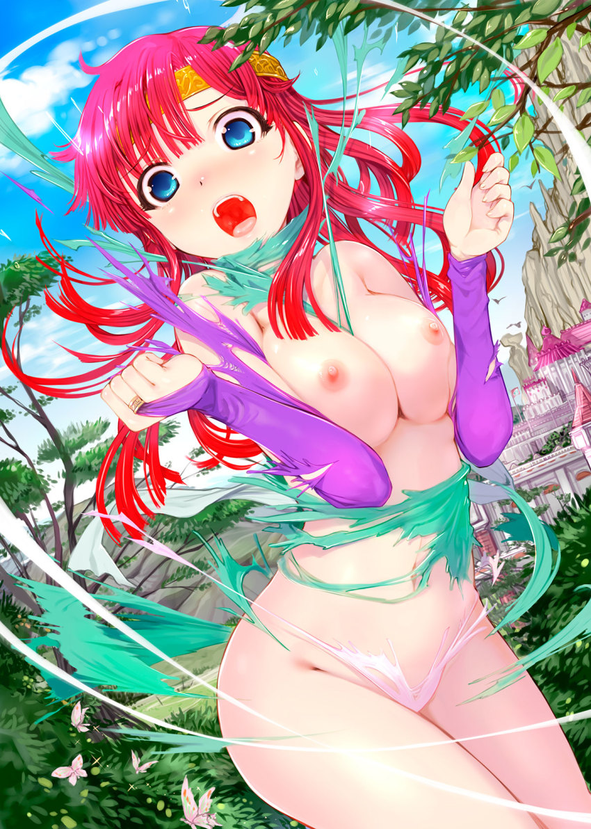 1girl blue_eyes blue_sky breasts bridal_gauntlets day dragon_knight_(elf) dragon_knight_3 dutch_angle female_focus floating_hair highres long_hair long_sleeves looking_at_viewer luna_(dragon_knight) medium_breasts mikazuki_akira! nipples nude open_mouth outdoors purple_sleeves red_hair sky solo standing torn_clothes torn_sleeves