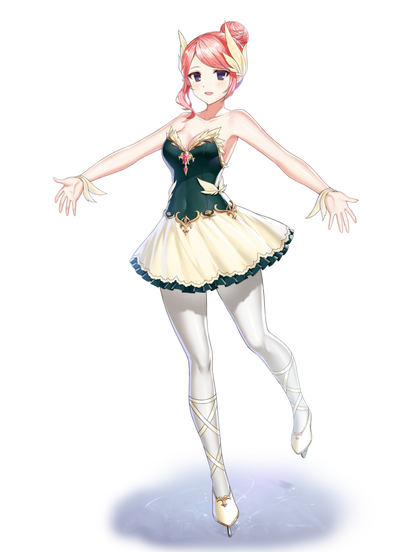 1girl :d alternate_hair_color bare_arms bare_shoulders breasts cleavage closers collarbone dress feather_hair_ornament feathers figure_skating figure_skating_dress frilled_dress frills full_body fur_wrist_cuffs green_dress hair_bun hair_ornament highres ice ice_skates ice_skating leg_ribbon leg_up levia_(closers) looking_at_viewer medium_breasts no_pupils official_art open_mouth outstretched_arms pantyhose purple_eyes red_hair ribbon shoes short_dress skates skating smile solo spread_arms standing standing_on_one_leg strapless strapless_dress two-tone_dress white_background white_pantyhose wrist_cuffs yellow_dress yellow_feathers yellow_ribbon yellow_shoes yellow_wrist_cuffs
