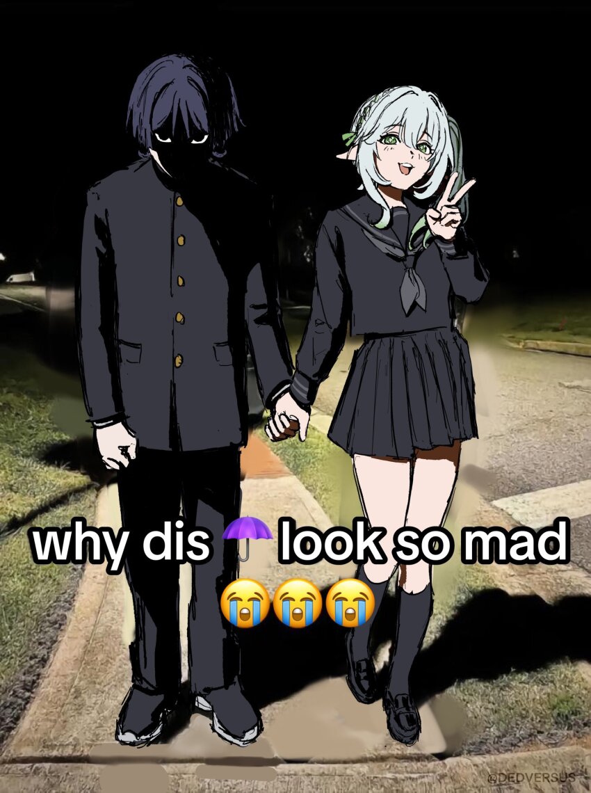 1boy 1girl aged_up alternate_costume arms_at_sides black_eyes black_hair black_jacket black_neckerchief black_pants black_sailor_collar black_serafuku black_shoes black_skirt black_sleeves black_socks blunt_ends colored_tips contemporary cross-shaped_pupils crying_emoji dedversus emoji english_text gakuran genshin_impact glaring grass green_eyes green_hair green_ribbon hair_between_eyes hair_intakes hair_ribbon half_crown_braid hand_up hetero highres holding_hands jacket kneehighs layered_sleeves long_hair long_sleeves looking_at_viewer meme multicolored_hair nahida_(genshin_impact) neckerchief night night_sky obscured open_mouth pants photo_background pleated_skirt pointy_ears purple_umbrella ribbon road sailor_collar scaramouche_(genshin_impact) school_uniform serafuku shadow shoes side_ponytail sidelocks sidewalk sketch skirt sky socks swept_bangs symbol-shaped_pupils teeth umbrella upper_teeth_only v white_hair white_sleeves why_dis_ninja_look_so_mad_(meme) yellow_pupils