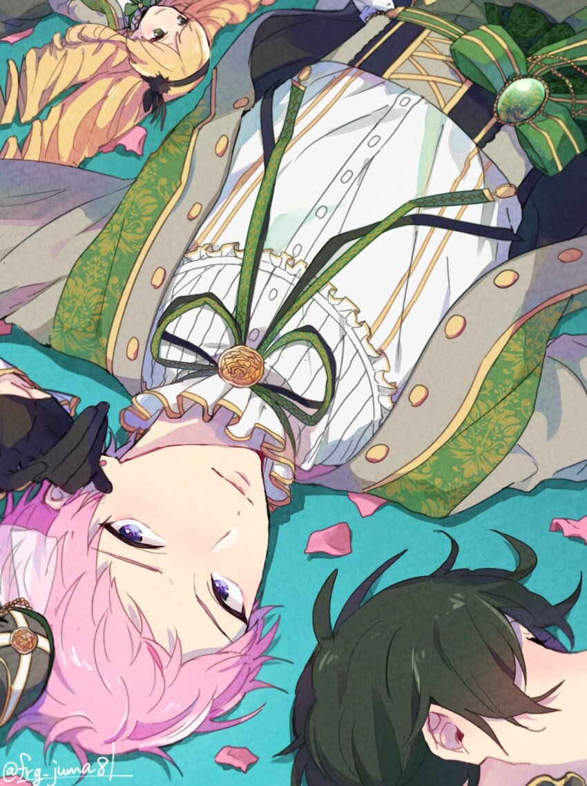 2boys asymmetrical_bangs black_gloves black_hair blonde_hair buttons collar curly_hair doll ensemble_stars! frills gloves green_eyes green_ribbon hair_ornament hat highres itsuki_shu juma_(wolf81gizinka) kagehira_mika long_hair long_sleeves lying mademoiselle_(ensemble_stars!) multiple_boys neck_ribbon on_back petals pink_hair purple_eyes ribbon short_hair valkyrie_(ensemble_stars!)