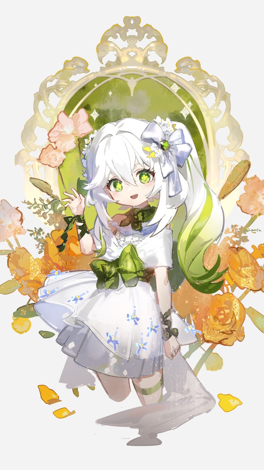 1girl absurdres arm_ribbon bow chinese_commentary commentary cross-shaped_pupils dress flower genshin_impact gradient_hair green_eyes green_hair green_ribbon hair_between_eyes hair_bow hair_ornament highres long_hair looking_at_viewer multicolored_hair nahida_(genshin_impact) open_mouth orange_flower orange_rose pink_flower rafaelaaa ribbon rose side_ponytail smile solo symbol-shaped_pupils two-tone_hair waving white_bow white_dress white_hair