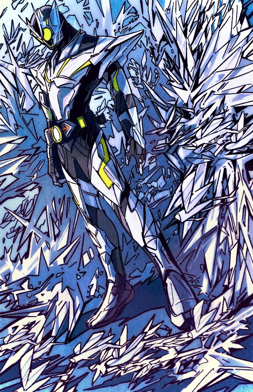 1boy armor bug rider_belt full_body glowing glowing_eyes grasshopper highres insect kamen_rider kamen_rider_01_(series) kamen_rider_zero-one looking_at_viewer male_focus metalcluster_hopper power_armor rider_belt solo spikes standing thighs tokusatsu y_a_m_a_y_a zero_one_driver