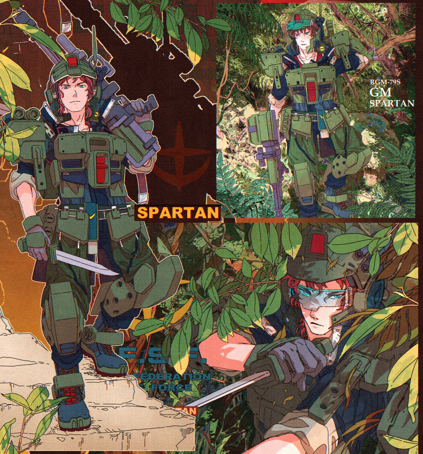 1boy 8823 armor assault_visor beam_rifle black_footwear black_gloves boots character_name closed_mouth earth_federation_space_forces energy_gun finger_on_trigger fukuchi_mobile_suit_station full_body gloves gm_spartan green_eyes green_visor gun gundam helmet highres holding holding_gun holding_knife holding_weapon humanization jungle knife lace-up_boots looking_at_viewer male_focus mecha_danshi multiple_views nature outdoors over_shoulder radio_antenna red_hair short_hair standing tree weapon weapon_over_shoulder