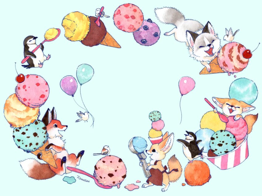 animal animal_focus apron balloon bird brown_apron cherry clothed_animal fennec_fox food food_on_head fox fruit holding holding_food holding_ice_cream holding_spoon ice_cream ice_cream_cone ice_cream_spoon in_food konatsu_tunacan no_humans object_on_head on_food original penguin signature simple_background spoon