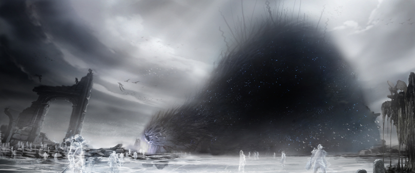 armor bird cloud cloudy_sky demon&#039;s_souls eldritch_abomination gargoyle helmet highres holding holding_weapon landscape monster official_art people planted ruins sky spirit starry_skin the_old_one weapon