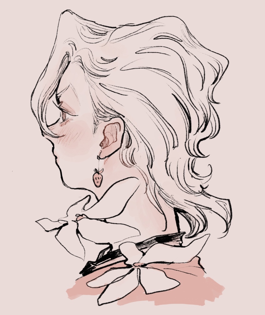 1boy black_necktie blush cropped_torso curtained_hair earrings flower food-themed_earrings food_themed_earrings from_side highres jewelry jojo_no_kimyou_na_bouken male_focus muted_color necktie okokoro_zaiku pale_color pannacotta_fugo pink_eyes portrait solo strawberry_earrings vento_aureo white_hair