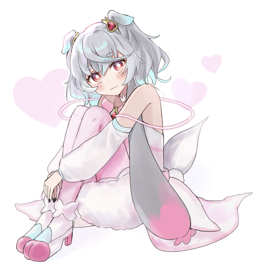 1girl absurdres animal_ears arm_warmers blush boots brooch closed_mouth cure_puca damumumu dress grey_hair hair_ornament heart heart_background highres jewelry magical_girl medium_hair nail_polish pantyhose petticoat pink_boots pink_pantyhose precure precure_all_stars precure_all_stars_f puca_(precure) red_eyes short_eyebrows solo strapless strapless_dress twintails white_dress