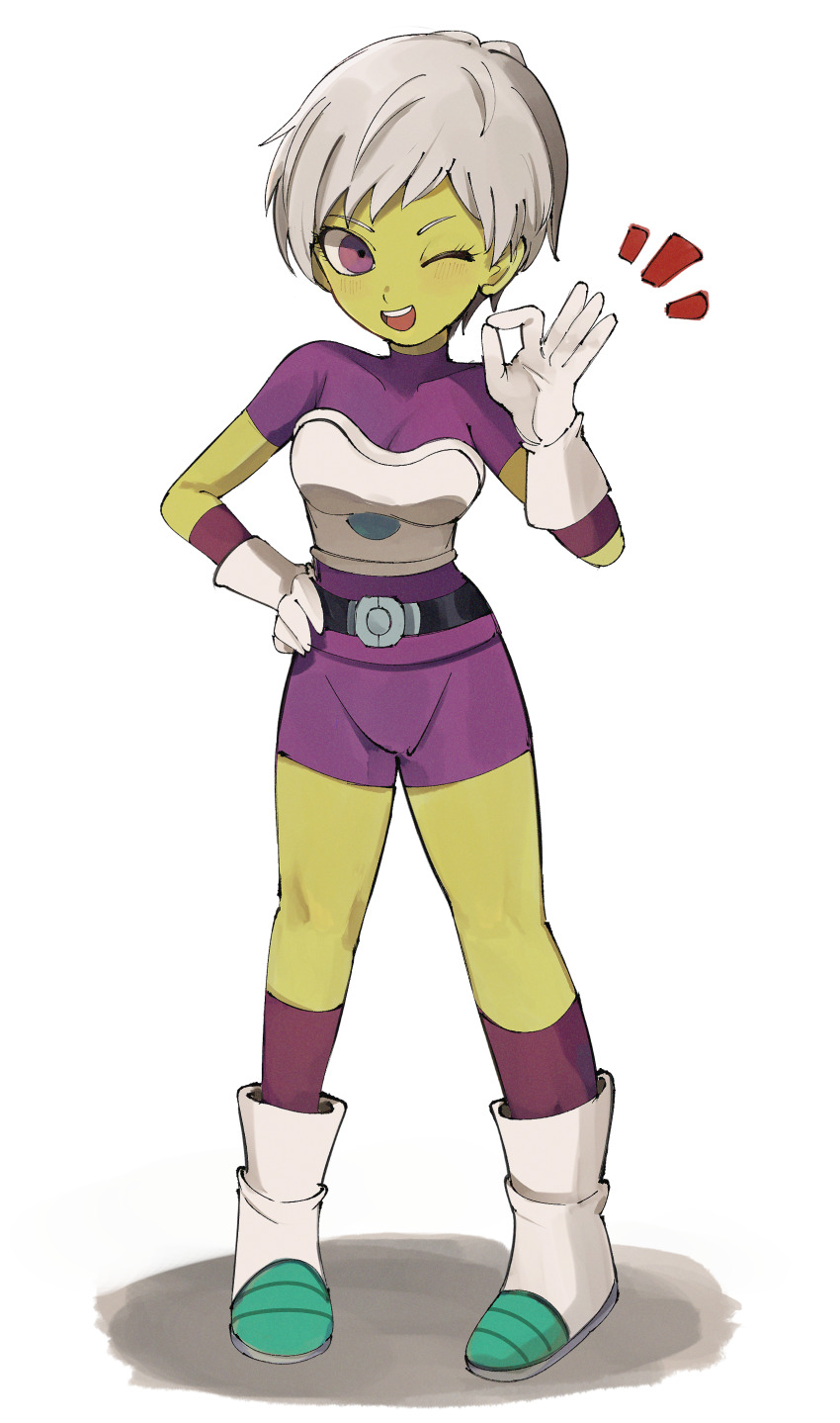 1girl absurdres bodysuit bojue_(hakus_1128) breasts cheelai cleavage colored_skin dragon_ball dragon_ball_super dragon_ball_super_broly full_body gloves green_skin highres looking_at_viewer one_eye_closed open_mouth purple_bodysuit purple_eyes short_hair simple_background smile solo white_background white_gloves white_hair