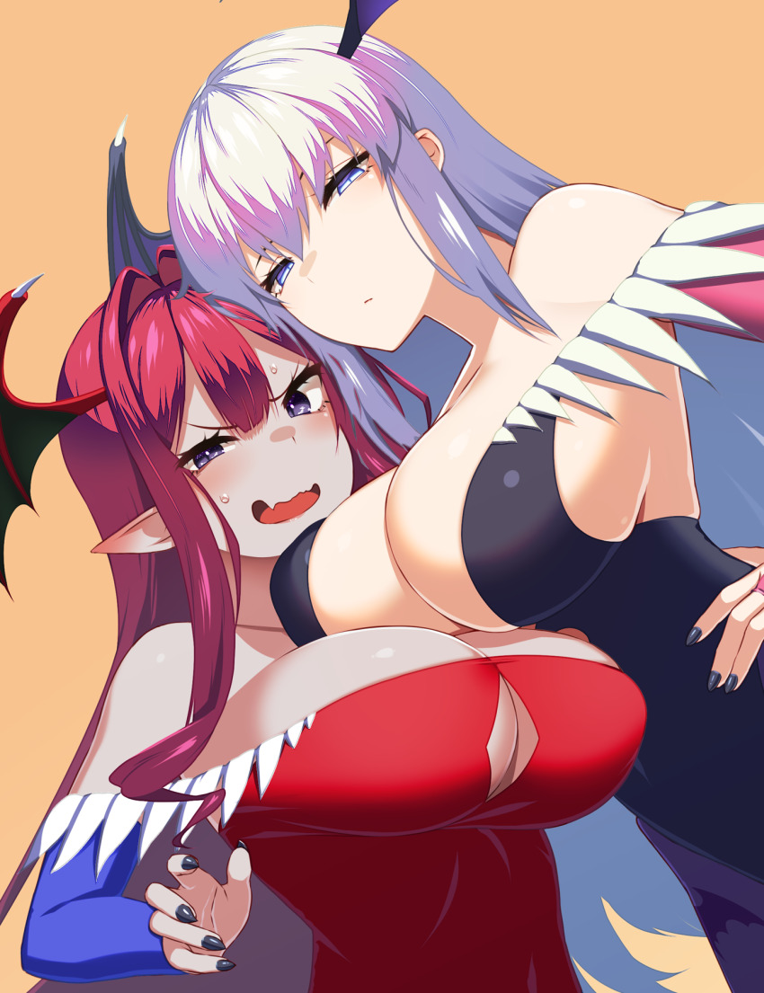 2girls baobhan_sith_(fate) bare_shoulders black_leotard blue_eyes blush braid breasts cleavage cosplay darkstalkers detached_sleeves fate/grand_order fate_(series) grey_eyes grey_hair halloween head_wings highres huge_breasts kuroshiro_(ms-2420) large_breasts leotard lilith_(darkstalkers) lilith_(darkstalkers)_(cosplay) long_hair looking_at_viewer morgan_le_fay_(fate) morrigan_aensland morrigan_aensland_(cosplay) multiple_girls open_mouth pink_hair pointy_ears ponytail purple_eyes red_leotard sidelocks smile very_long_hair wings
