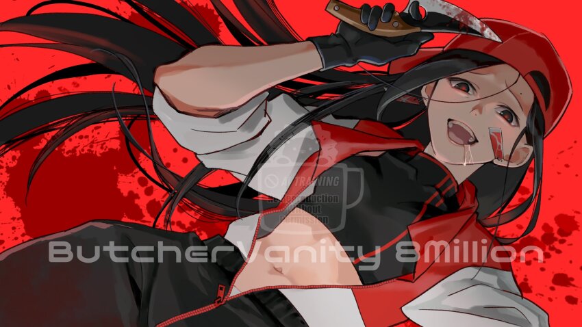 1girl backwards_hat baseball_cap black_gloves black_hair black_pants black_shirt blood blood_stain bloody_knife butcher_vanity_(synthesizer_v) earrings emu_(marico_w) food-themed_earrings gloves hat highres holding holding_knife jacket jewelry knife long_hair midriff mole mole_above_eye navel no_to_ai_generated_images_(alexander_nanitchkov) open_clothes open_jacket open_mouth pants red_background red_hat red_trim shirt short_sleeves solo song_name synthesizer_v white_jacket yi_xi_(synthesizer_v) zipper