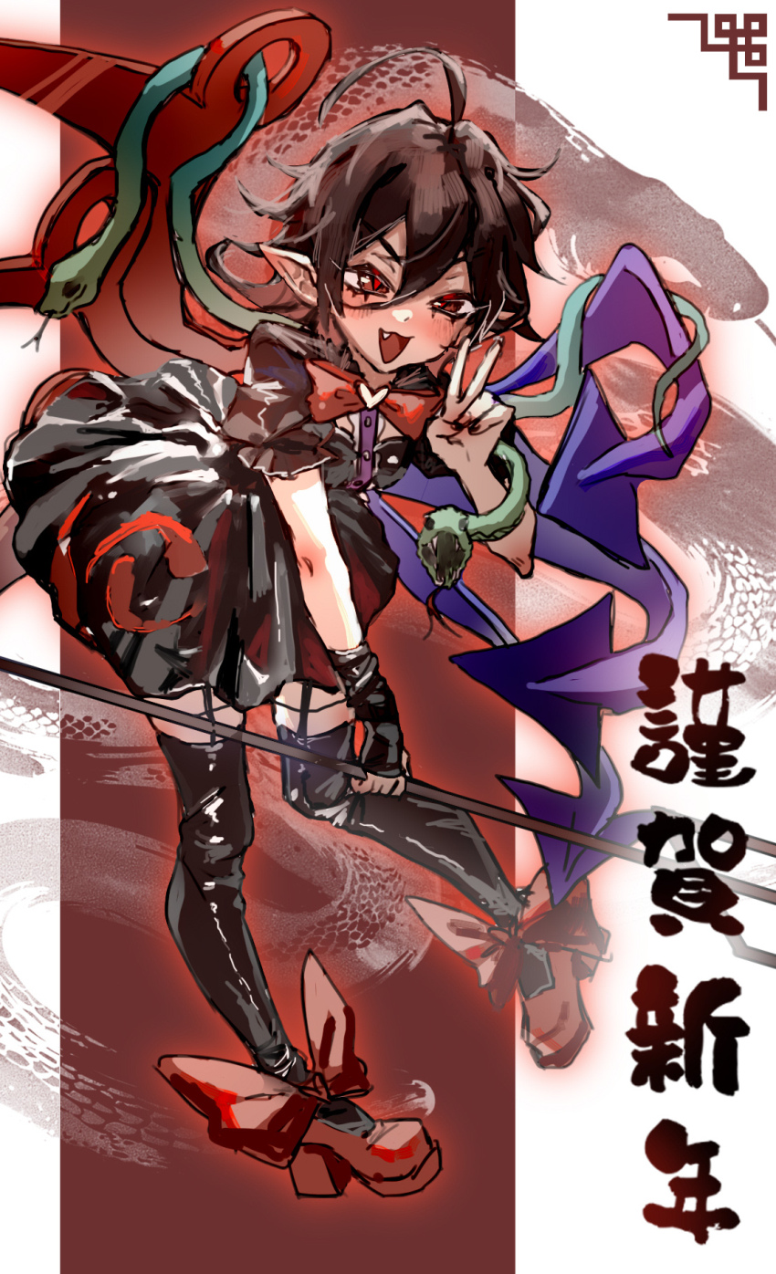 1girl asymmetrical_wings black_dress black_garter_straps black_gloves black_hair black_nails black_thighhighs blush bow bowtie breasts buttons commentary dress fang fingerless_gloves footwear_bow frilled_sleeves frills full_body garter_straps gloves hair_between_eyes heart highres holding holding_polearm holding_weapon houjuu_nue leather_dress medium_hair multicolored_wings open_mouth pointy_ears polearm puffy_short_sleeves puffy_sleeves red_bow red_bowtie red_eyes red_shoes shoes short_sleeves shouxishao_jiuyuan single_glove smile snake solo thighhighs touhou trident v v-shaped_eyebrows weapon wings