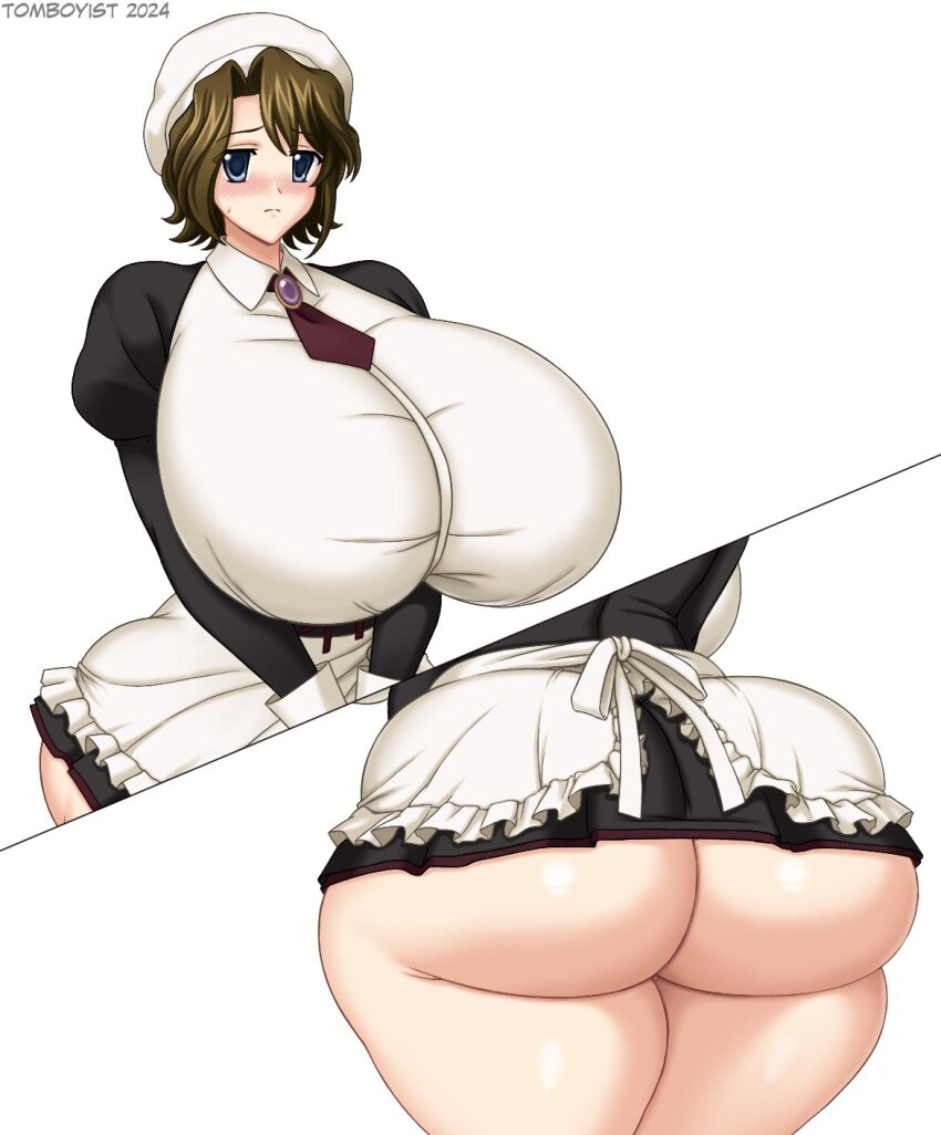 07th_expansion apron ass beret blue_eyes breasts brown_hair gigantic_breasts hat highres huge_ass maid maid_apron shannon_(umineko) thighs tomboyist umineko_no_naku_koro_ni
