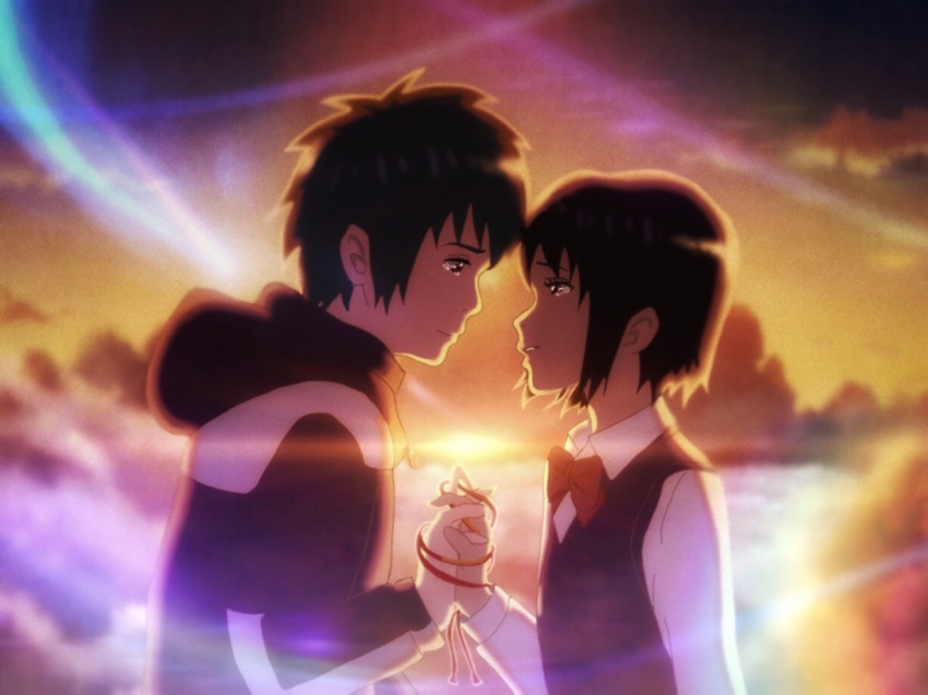 1boy 1girl blurry brown_hair commentary_request eye_contact holding_hands hood hoodie interlocked_fingers kimi_no_na_wa. looking_at_another miyamizu_mitsuha red_ribbon revision ribbon short_hair spoilers sunday-offline tachibana_taki
